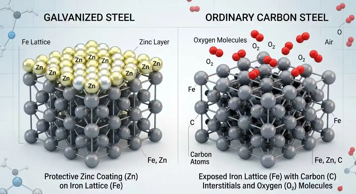 A high-quality 3D chemical molecular structure render comparing two steel types. Left side: Galvanized Steel showing iron atom lattice (gray spheres) with a dense protective layer of zinc atoms (silver or yellow spheres) over it. Right side: Ordinary Carbon Steel showing iron lattice with tiny black carbon atoms, exposed to oxygen
