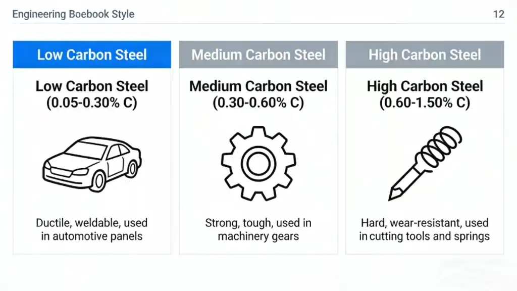 A clean, educational infographic comparing low, medium, and high carbon steel. The image should show three distinct sections. Low carbon steel paired with an icon of a car body panel. Medium carbon steel paired with an icon of a heavy gear. High carbon steel paired with an icon of a cutting tool or spring. Engineering textbook style.
