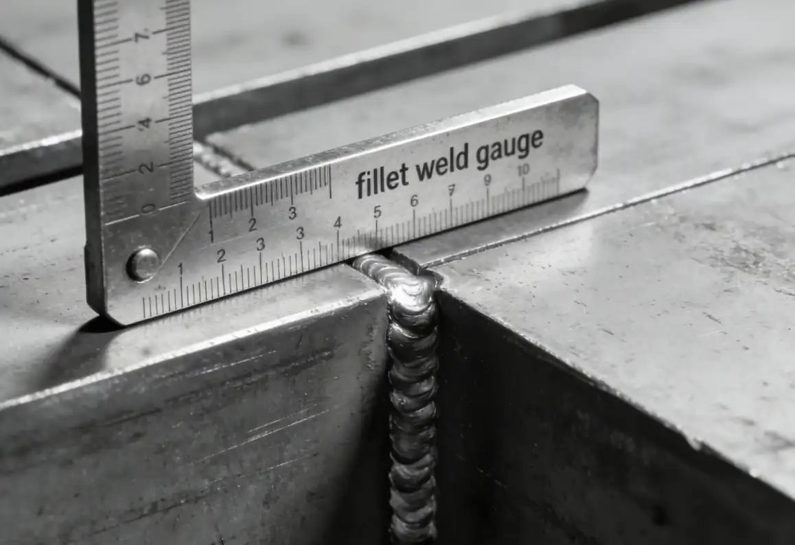 A close-up industrial photograph showing a metal 'fillet weld gauge' being used to measure the leg size of a corner fillet weld on a steel structure. The gauge is pressed against the metal plates and the weld bead. Clean manufacturing background.