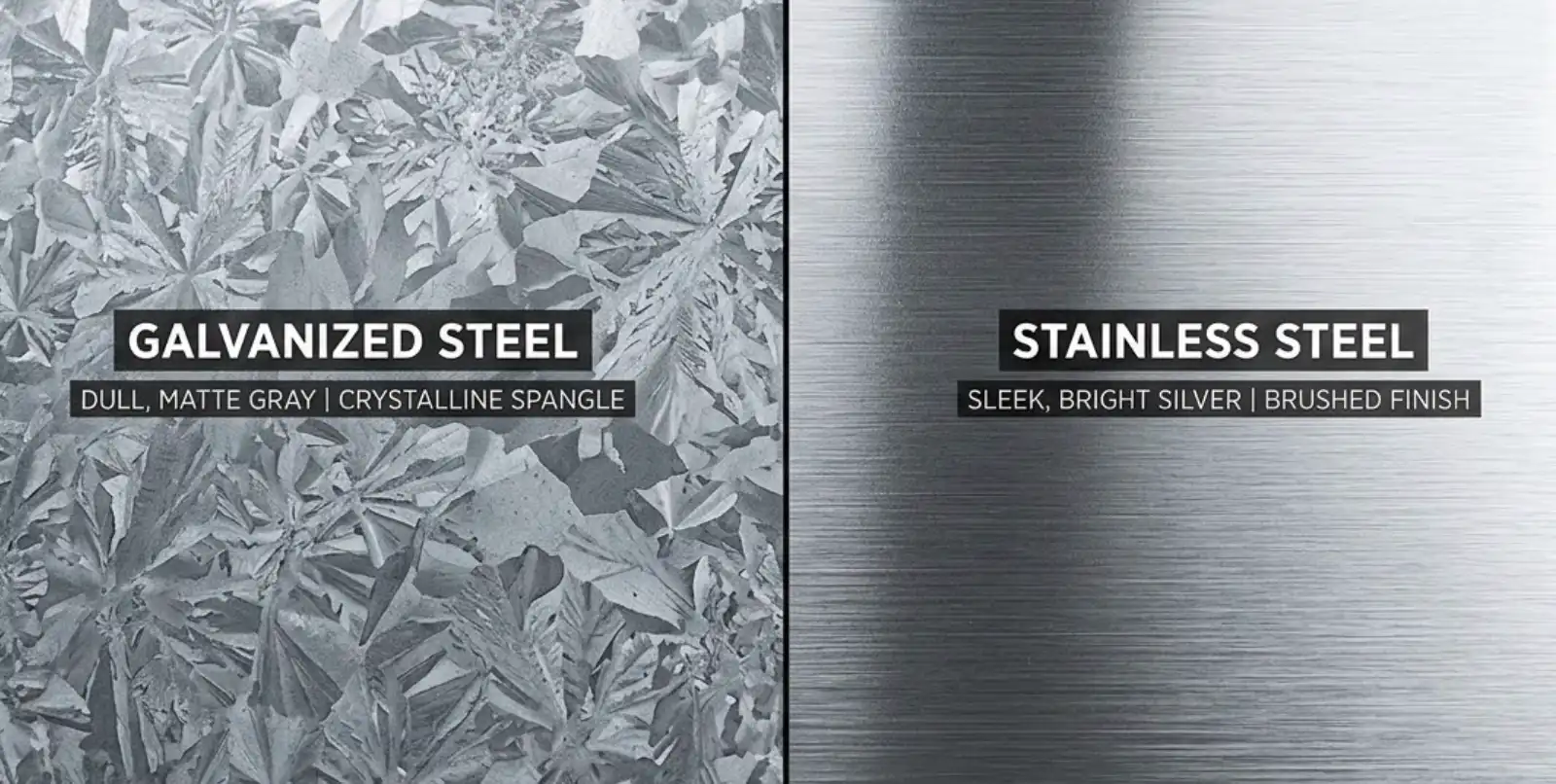 A split-screen macro photograph comparing two metal surfaces. On the left, galvanized steel showing a dull, matte gray finish with a distinct crystalline 'spangle' pattern. On the right, stainless steel showing a sleek, bright, and perfectly smooth brushed finish. Industrial lighting.