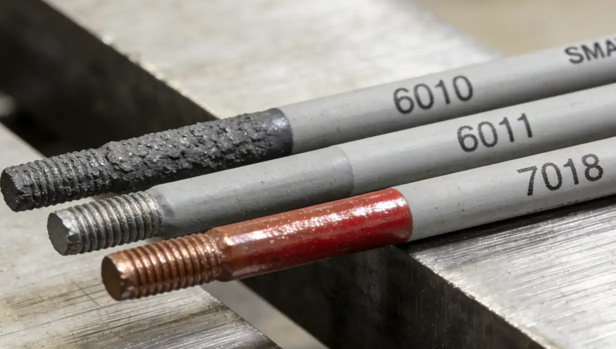 A high-quality, close-up industrial photograph showing three different SMAW welding electrodes (stick welding rods) laid side-by-side on a metal workbench. The rods should have distinctly different flux coatings, representing a 6010, 6011, and 7018 electrode. Clean manufacturing aesthetic.