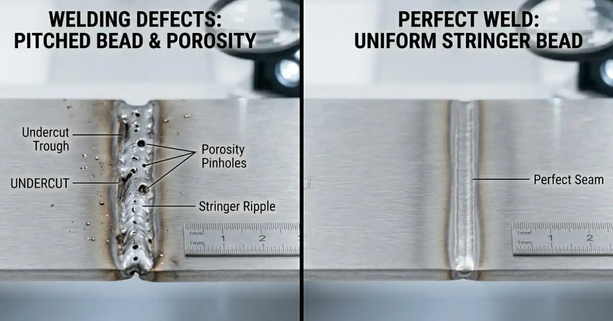A side-by-side macro photography comparison of metal welds. One shows common welding defects like porosity (pinholes) and undercut (grooves at the weld toe), while the other shows a perfect, uniform, and clean stringer bead weld. Industrial quality control aesthetic.