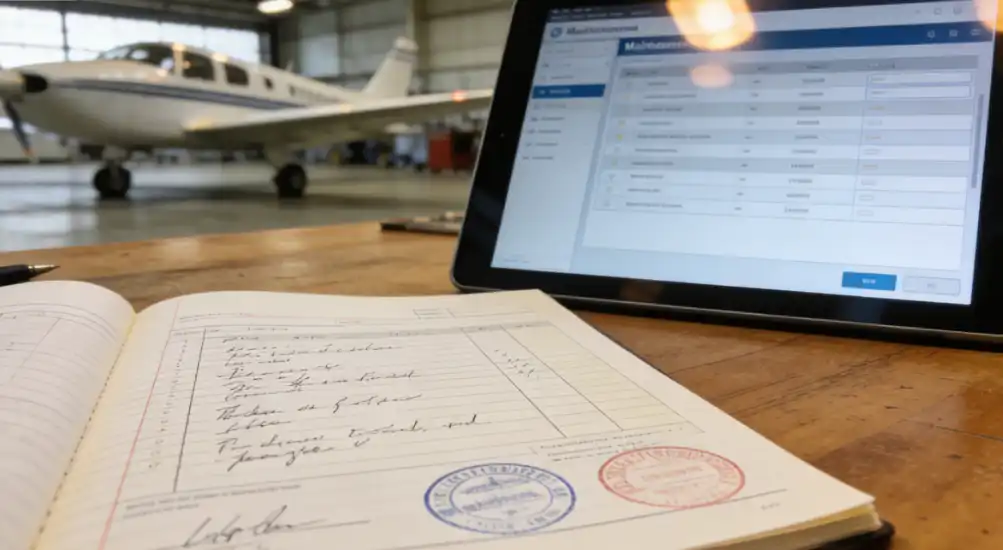 An aviation maintenance logbook and a tablet showing digital records, representing maintenance documentation.