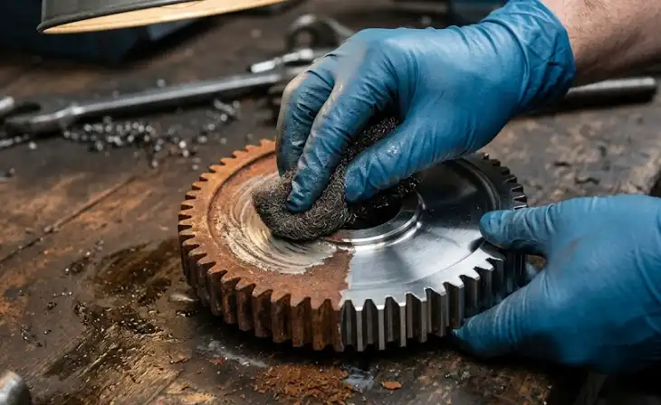 Figure 3: Scrubbing a metal object with steel wool after soaking in vinegar to remove the loosened rust.