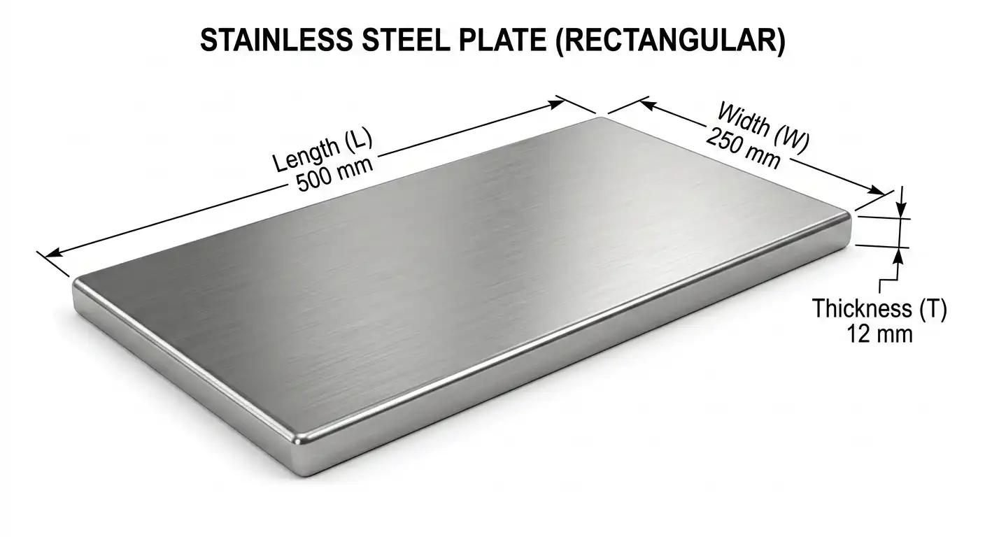 A clean, educational 3D diagram of a rectangular stainless steel plate. The diagram clearly labels the 'Length', 'Width', and 'Thickness' of the plate with dimension lines and text. Engineering textbook style, white background.