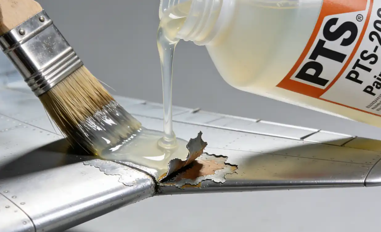 Macro view of PTS-202 paint remover causing old paint to blister on an aluminum aircraft panel.
