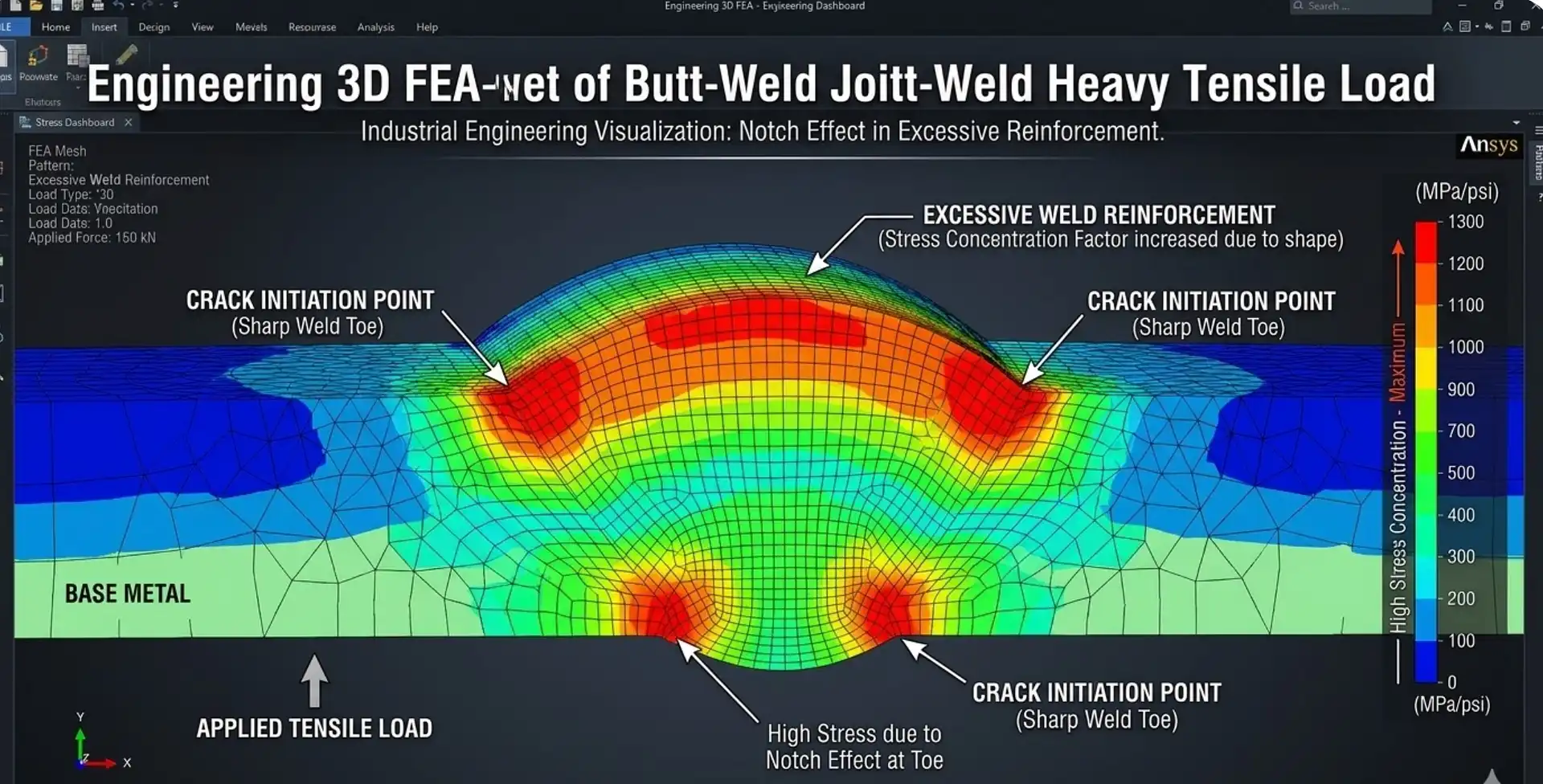 A 3D stress analysis rendering of a weld joint with excessive weld reinforcement. The image shows high stress concentration points highlighted in red and orange colors exactly at the sharp weld toes, indicating where cracks might initiate under heavy load. Industrial engineering visualization.