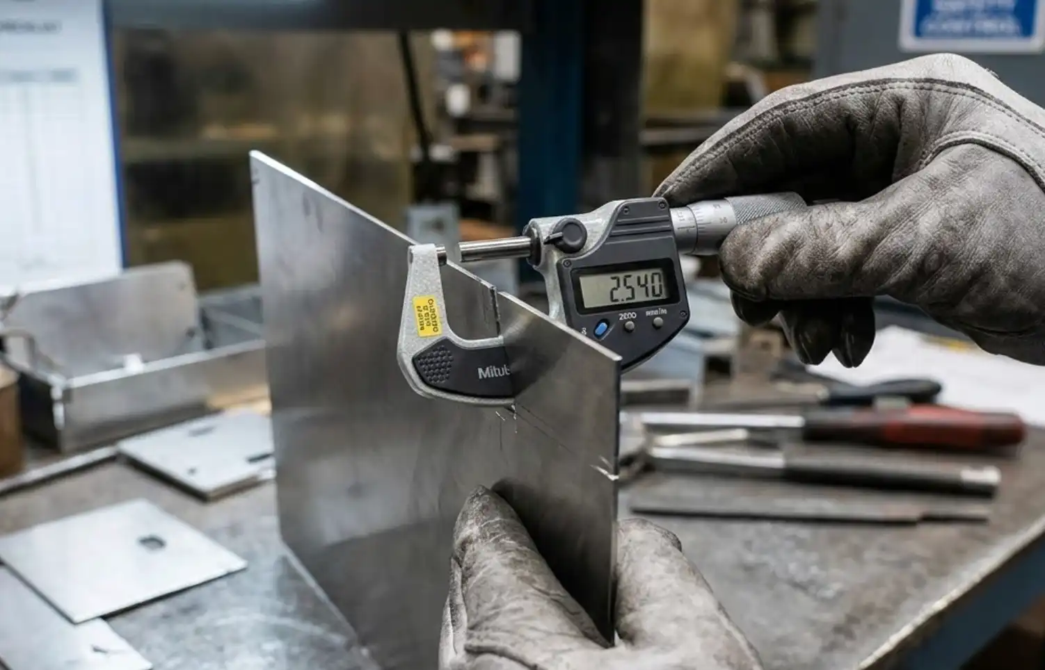 A close-up, high-quality photograph of a worker's hands using a digital micrometer or vernier caliper to precisely measure the edge thickness of a piece of sheet metal. Industrial quality control context.