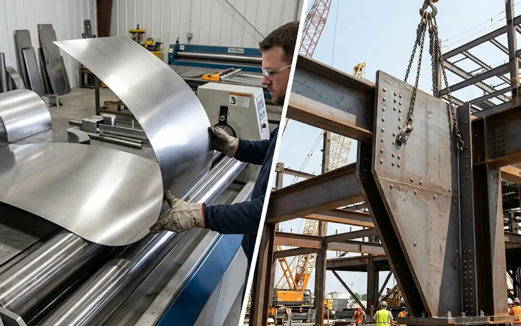 A split-screen manufacturing photograph. On the left, a piece of thin sheet metal being easily bent into a curved shape by a machine (showing flexibility). On the right, a very thick, rigid steel plate being used as a heavy structural support (showing strength).