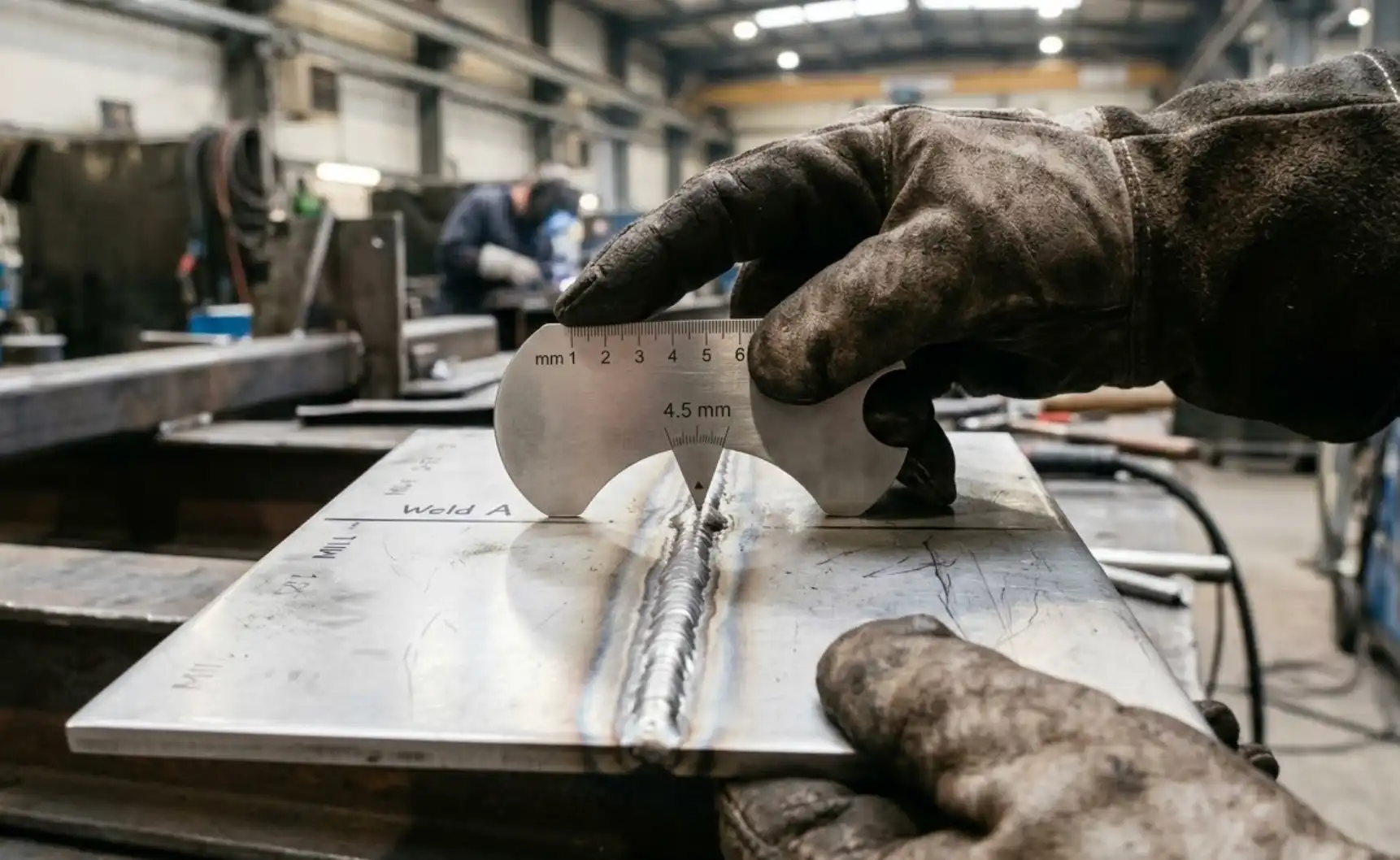 A close-up photograph of a professional welder's gloved hands using a metal weld gauge (cam bridge gauge) to measure the crown height (reinforcement) of a freshly laid stainless steel weld bead. Industrial lighting, highly detailed and realistic.