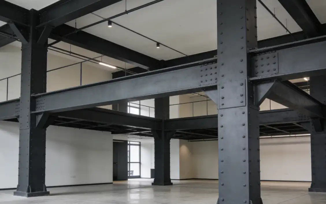 A clean indoor photograph of a modern office space or loft. Exposed ordinary structural steel beams and columns, painted in a smart matte dark gray finish, are used as decorative and functional support members, highlighting their cost-effectiveness and industrial aesthetic in controlled, dry environments.