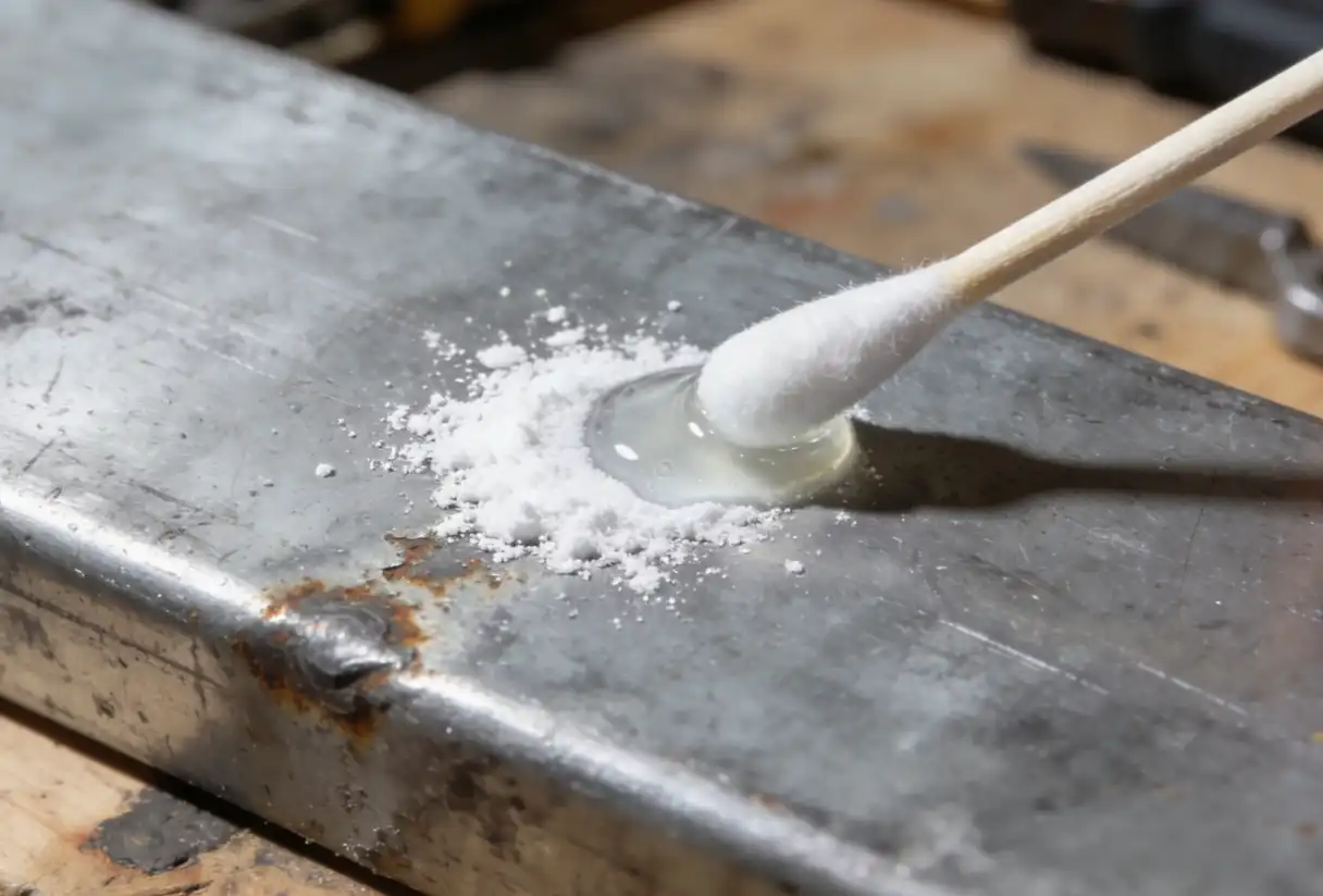A close-up photograph of a simple science test on a piece of galvanized steel. A cotton swab wet with white vinegar has been rubbed on the metal surface, and a noticeable white, powdery residue (zinc oxide/white rust) is forming where the liquid touched the steel. DIY workshop setting.