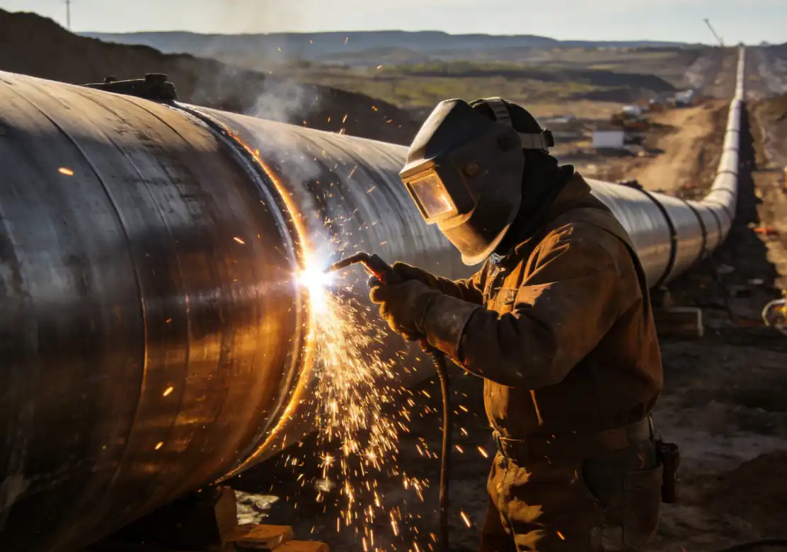 A dramatic, high-quality industrial photograph of a pipeline welder working outdoors in a rugged environment. The welder is wearing heavy-duty protective gear and a welding hood, striking an arc on a massive steel pipe. Sparks are flying. The setting looks like a remote cross-country pipeline construction site.