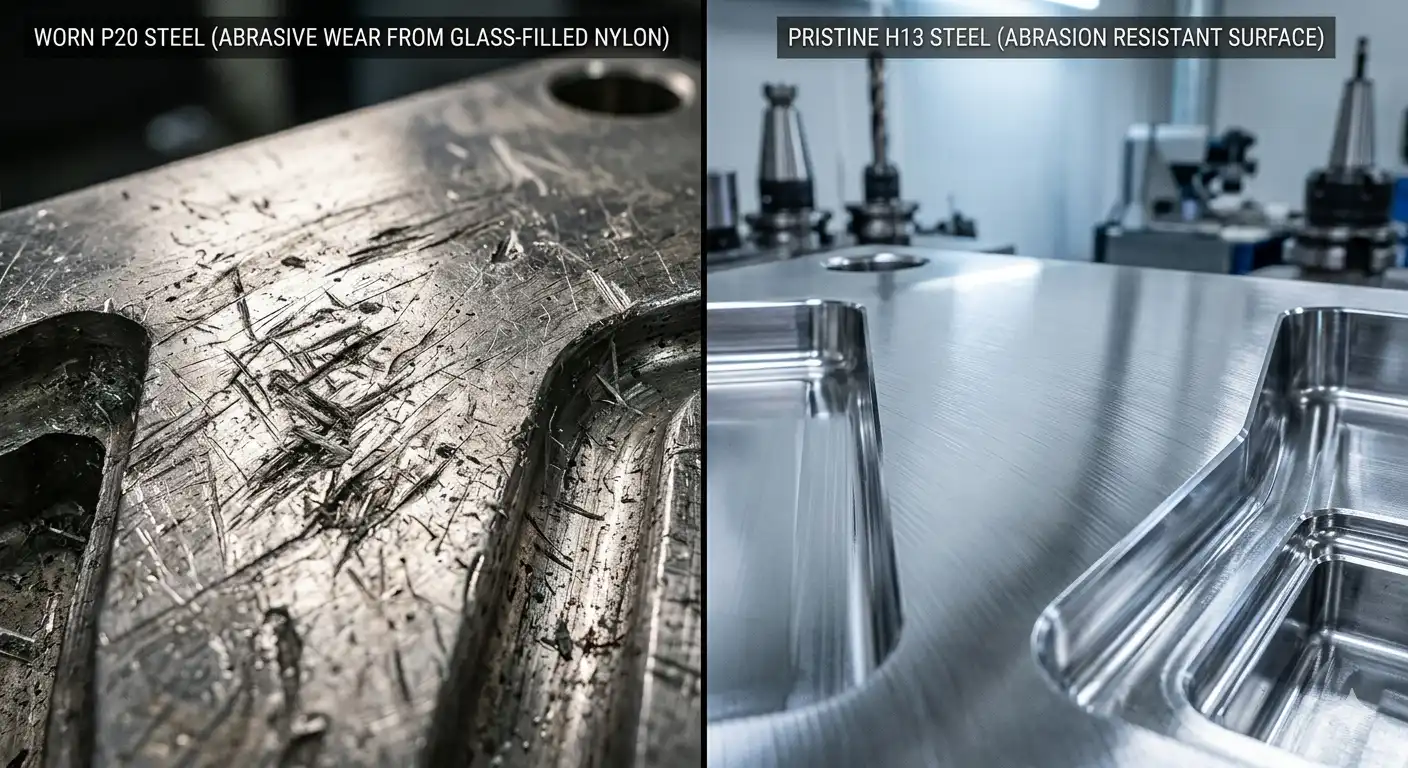 Close-up comparison showing abrasive wear on a P20 steel mold cavity versus the durable, wear-resistant surface of hardened H13 steel.