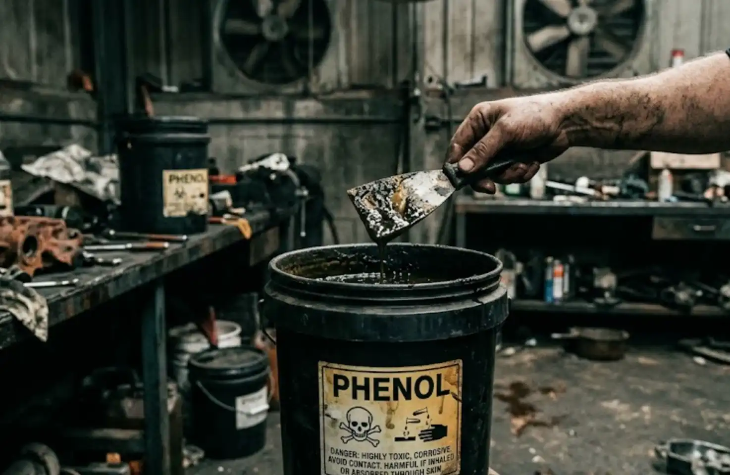 Warning scene showing contaminated tools near a phenol container, emphasizing the risk of chemical exposure.