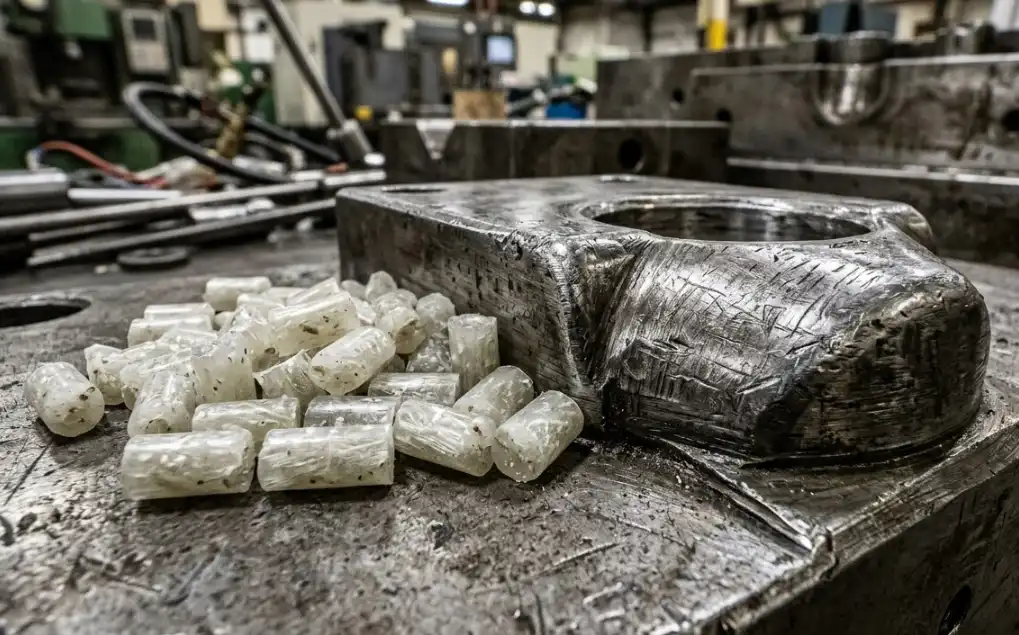 Macro view of glass-filled plastic resin pellets and their abrasive wear effect on an injection mold cavity.