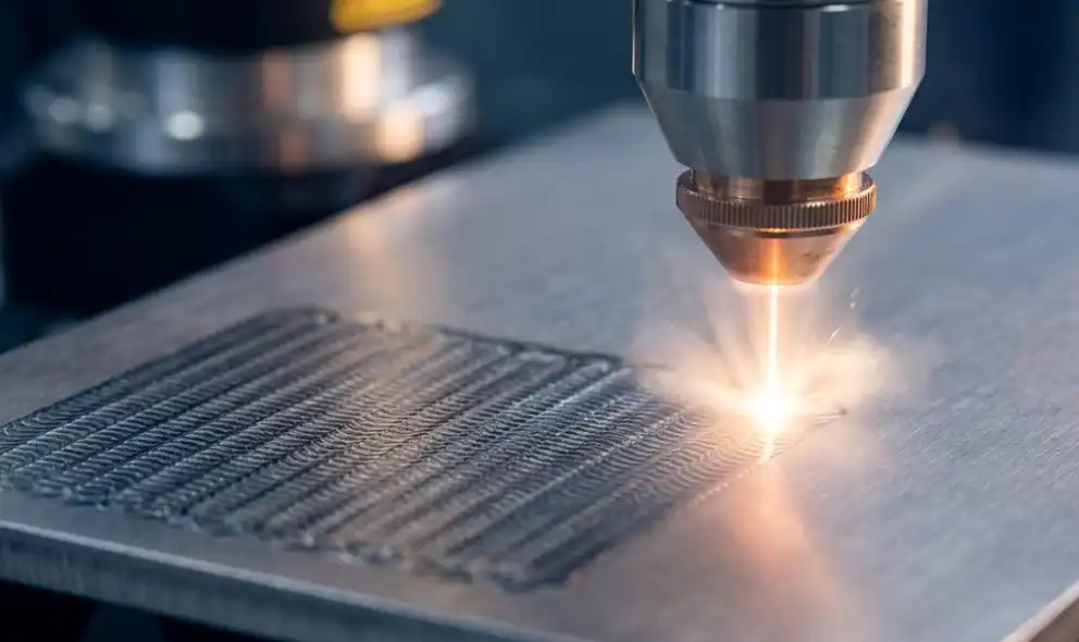 Close-up of a pulsed fiber laser hitting a metal surface, demonstrating controlled scan paths and parameter overlap.