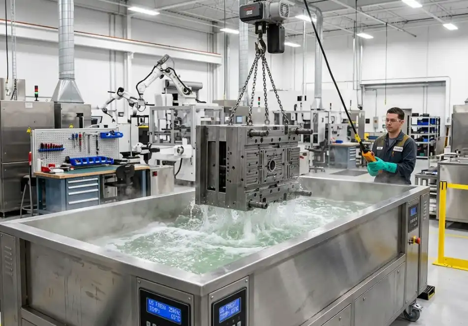 An injection mold component being submerged in an industrial ultrasonic cleaning tank to remove outgassing residue and polymer deposits.