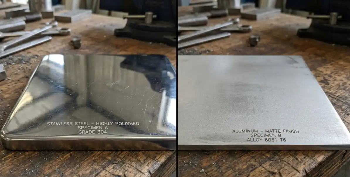 A split-screen macro photograph comparing two metal sheets side-by-side on a workbench. Left side: highly polished, heavy-looking stainless steel plate. Right side: a lighter, matte-finished aluminum sheet. Clean industrial lighting.
