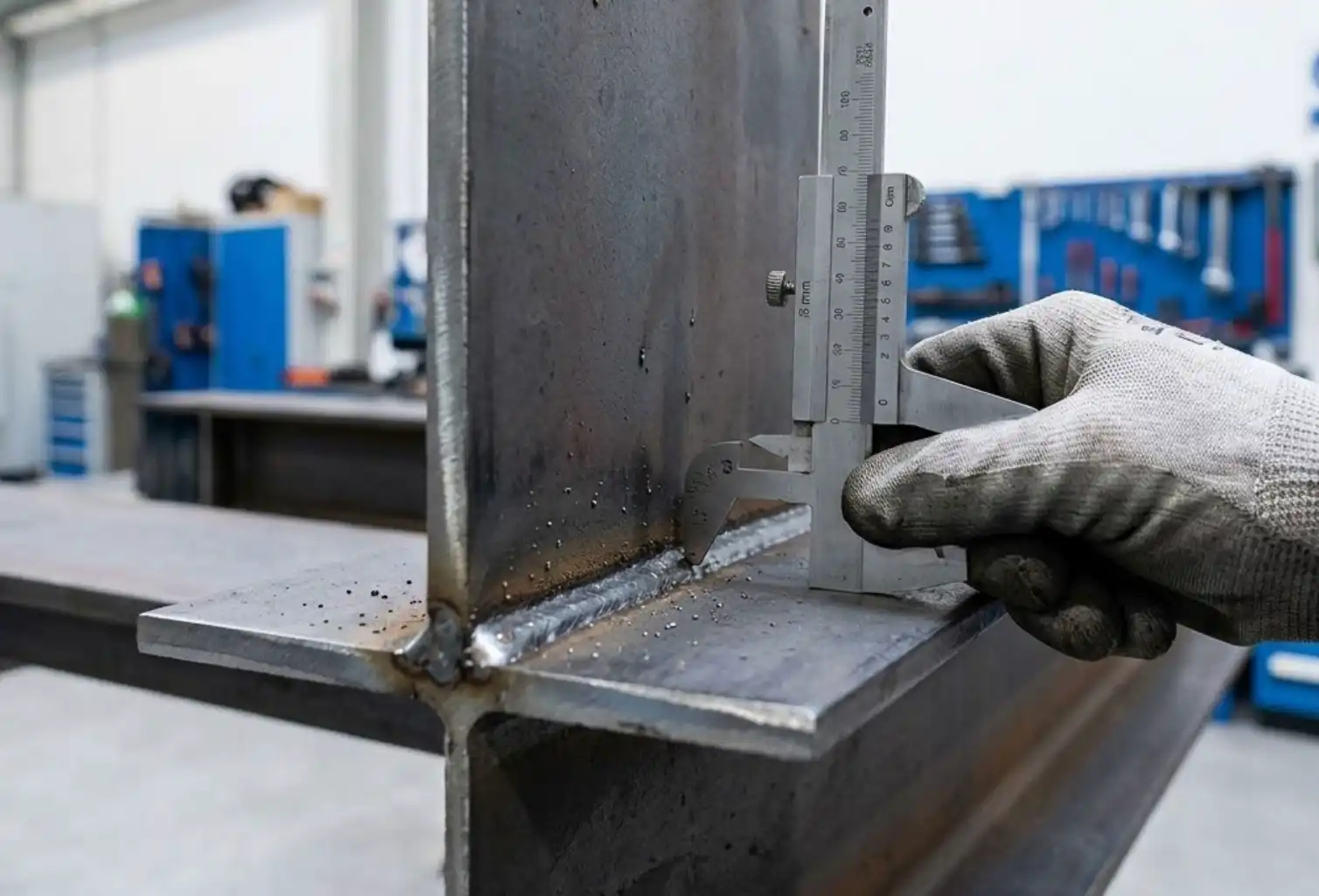 A close-up industrial photograph showing a metal 'fillet weld gauge' being used by a worker to measure the throat depth of a corner fillet weld on a steel structure. The gauge tip is touching the center of the weld face. Clean manufacturing background.