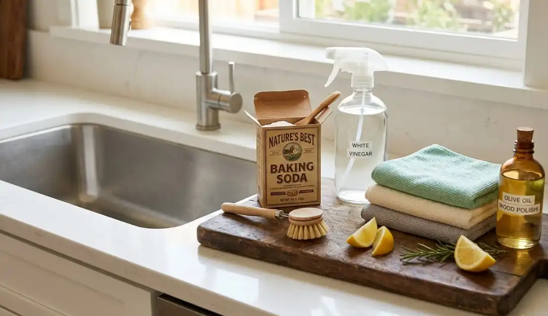 Natural stainless steel sink cleaning supplies including baking soda, vinegar spray bottle, microfiber cloths, and olive oil on a cutting board.