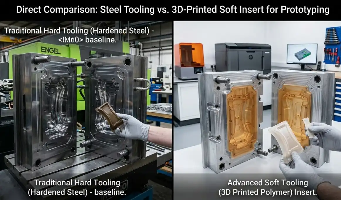 A 3D-printed soft tooling mold insert used for rapid prototyping and design validation before cutting steel.