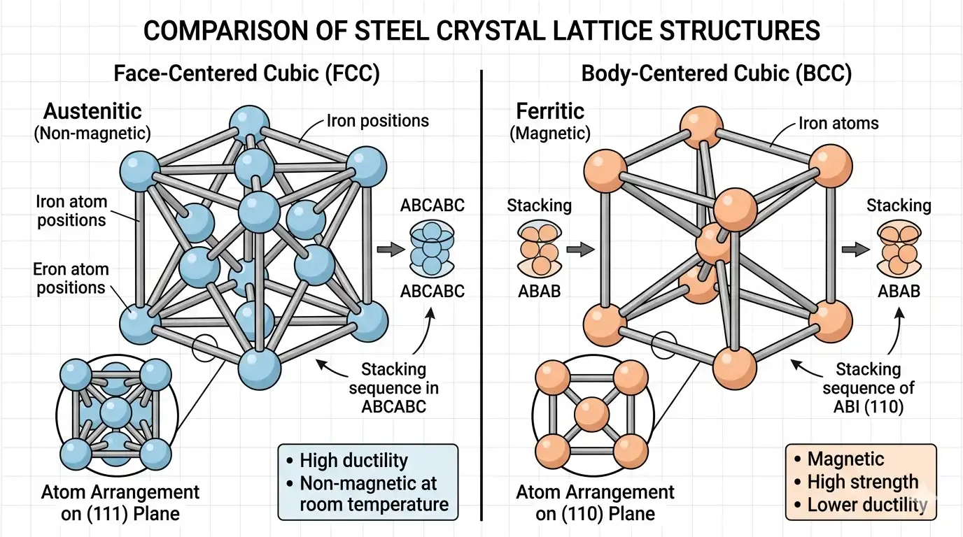 A clean, educational 3D scientific diagram comparing two crystal lattice structures of steel. On the left, a Face-Centered Cubic (FCC) structure labeled 'Austenitic (Non-magnetic)'. On the right, a Body-Centered Cubic (BCC) structure labeled 'Ferritic (Magnetic)'. Engineering textbook style.