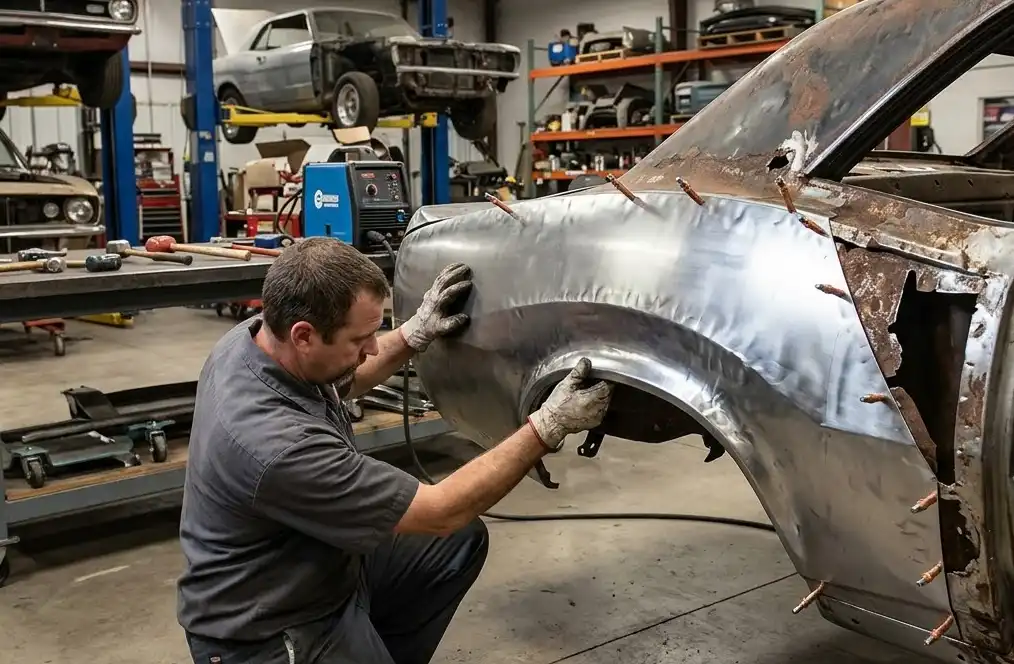 A professional automotive shop photograph showing a mechanic test-fitting a newly fabricated, shiny 18-gauge steel patch panel onto the rusted fender area of a classic car body. Industrial restoration context.