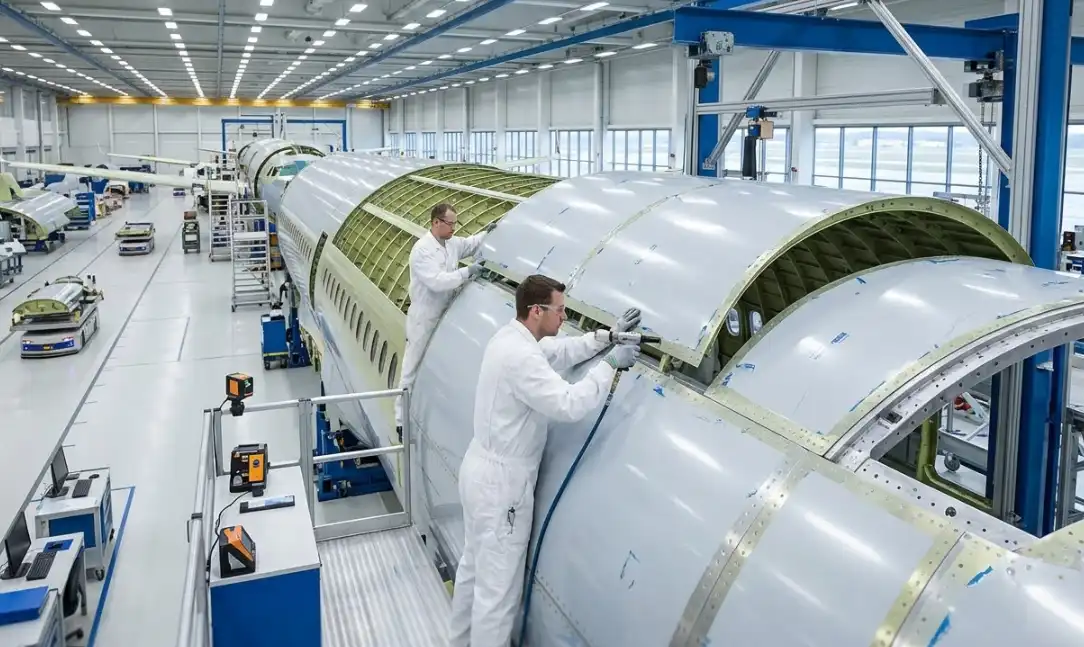 A high-quality photograph inside an aerospace manufacturing facility showing the sleek, curved aluminum fuselage panels of a modern aircraft being assembled. Bright, sterile factory environment emphasizing lightweight engineering.