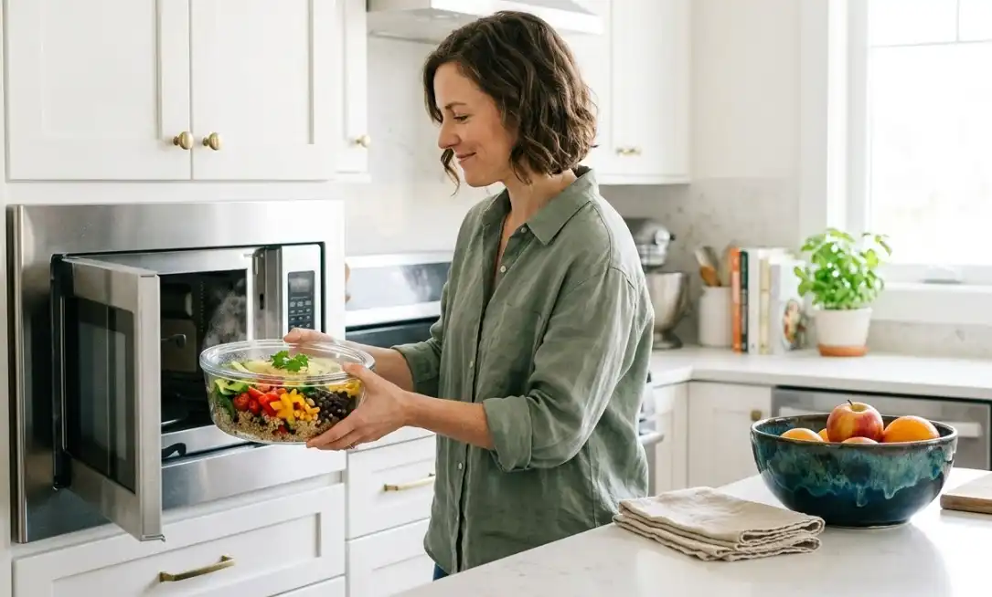 A bright and inviting kitchen lifestyle photograph. A person is placing a clear glass bowl filled with colorful, healthy food into a clean microwave. Next to it on the counter is a high-quality ceramic bowl. Soft, natural lighting.