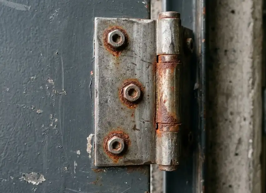 A close-up industrial photograph of a commercial steel door, focusing on the heavy-duty metal hinge. The image shows early signs of reddish-brown rust forming around the screws and the joint of the hinge, contrasting with the painted door surface. Good lighting to highlight the texture.