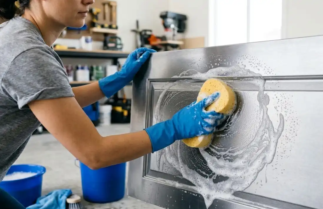 A bright, clean photograph of a person wearing rubber gloves using a soft yellow sponge and soapy water to gently wash the surface of a gray metal sheet door. The focus is on the cleaning action, showing soapy suds and a pristine metal surface. Home maintenance aesthetic.