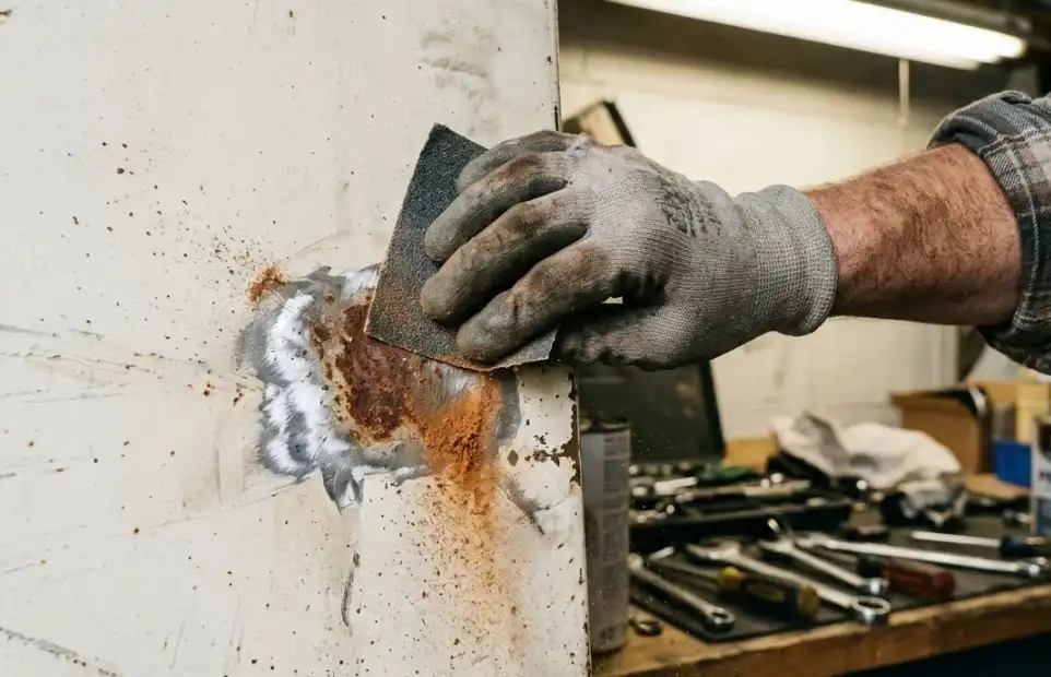 An action shot photograph of a worker's hand using a piece of coarse sandpaper to scrub away a small patch of rust on a painted steel door. The rust is turning to dust, and the shiny bare metal underneath is starting to show. DIY repair context.