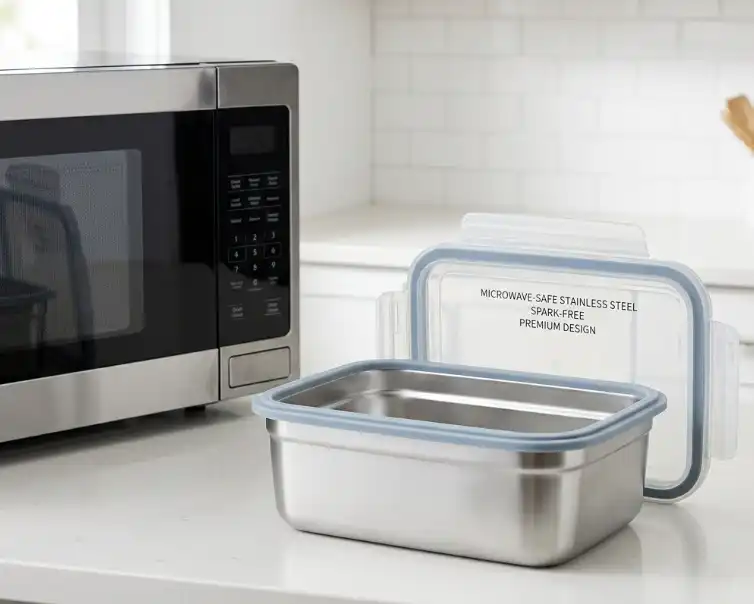 A clean, bright product photograph of a modern, microwave-safe stainless steel food container. The container has smooth, rounded edges and a specialized silicone or plastic rim to prevent sparking. It is sitting next to a microwave oven on a kitchen counter.