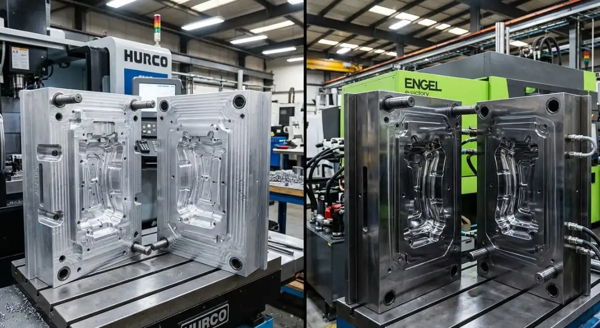 Comparison showing a rapidly machined aluminum injection mold next to a durable hardened steel production mold.