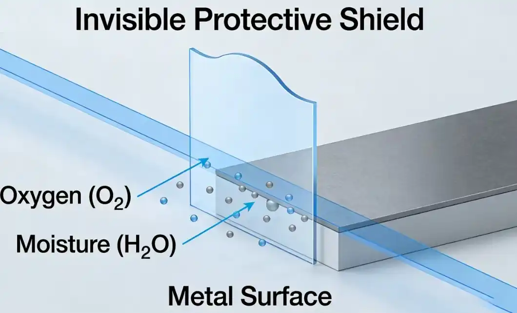 Conceptual diagram illustrating the invisible, self-healing chromium oxide layer acting as a protective shield on the surface of stainless steel.