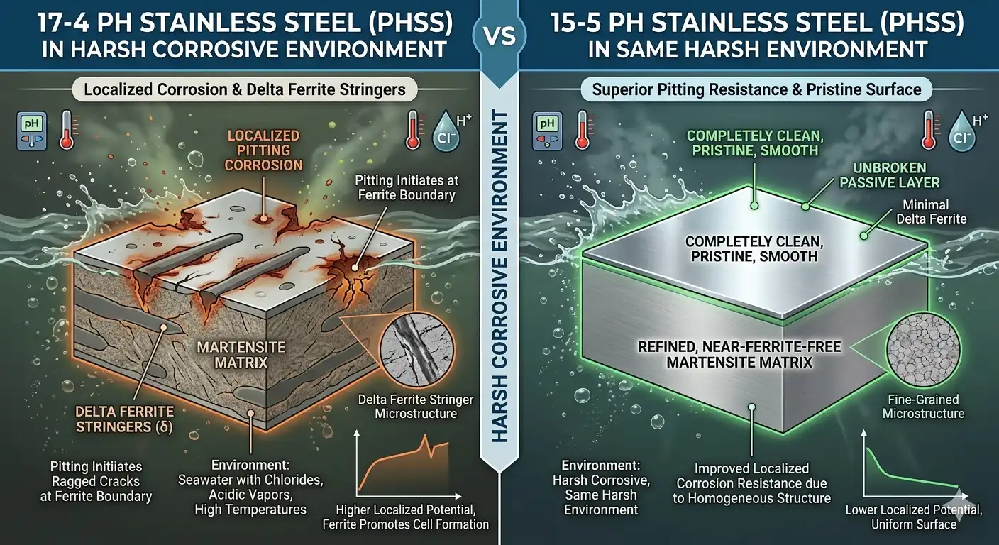 Conceptual comparison showing the superior pitting and corrosion resistance of 15-5 PH stainless steel compared to 17-4 PH due to lower delta ferrite content.