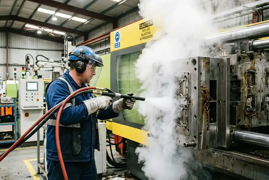 An operator using dry ice blasting equipment to clean an injection mold on-press, utilizing thermal shock to remove contamination.