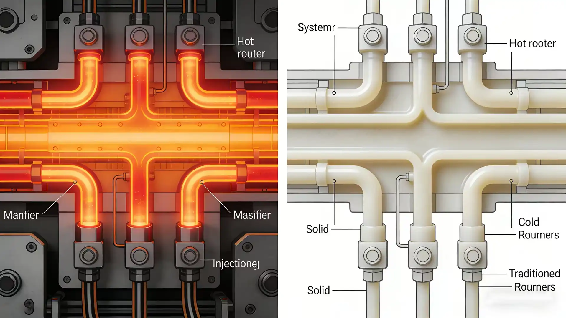 Comparison diagram of a hot runner injection molding system versus a traditional cold runner system.