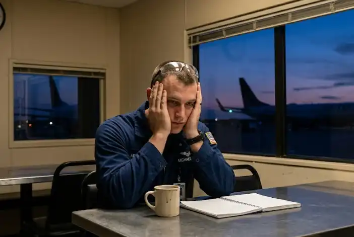 A tired aircraft technician in a break room, illustrating fatigue as a human error factor.