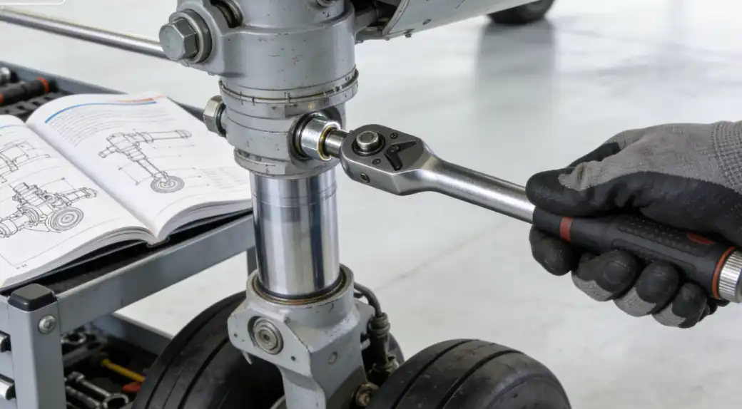 Close-up of a mechanic using a torque wrench on landing gear, referring to a manual to ensure correct installation.