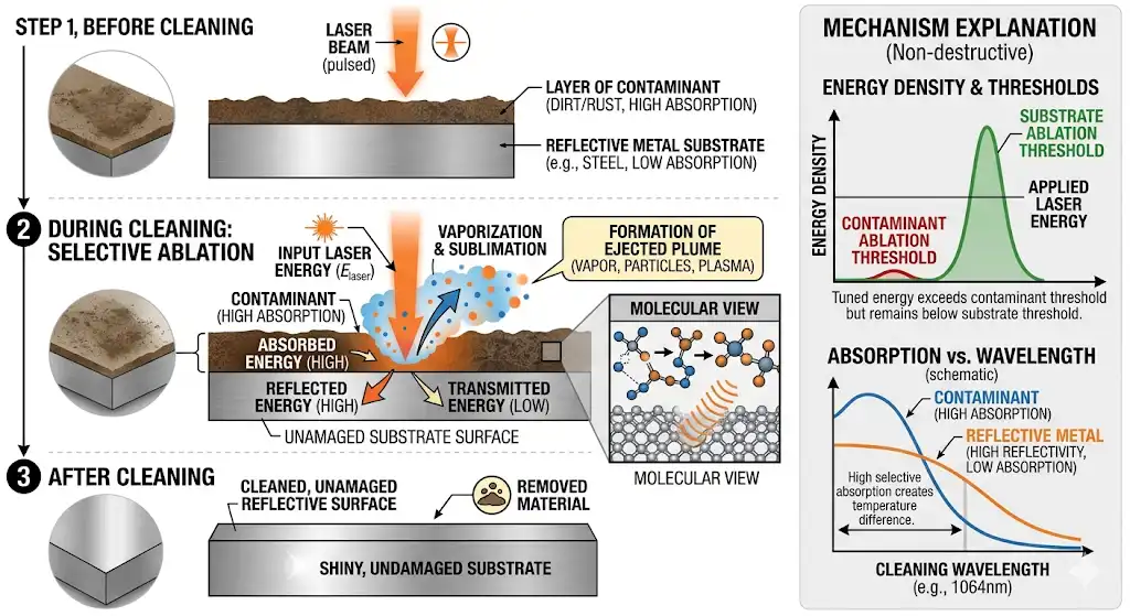 Conceptual diagram illustrating the physics of laser ablation, where light energy vaporizes contaminants without damaging the underlying steel substrate.