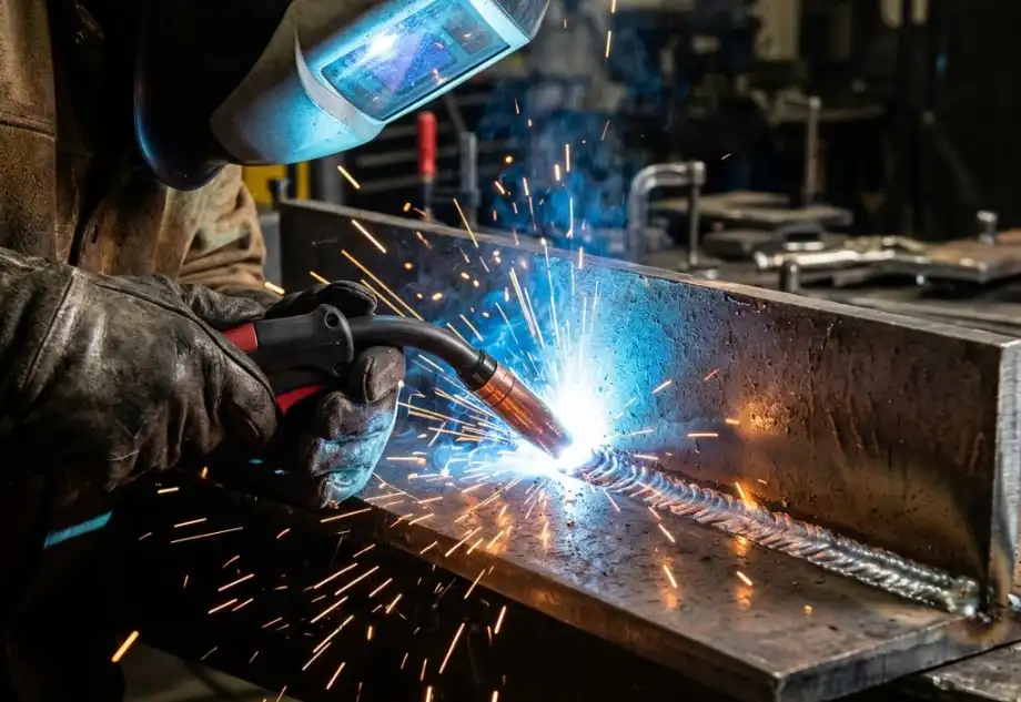 A close-up view of MIG welding on low-carbon steel showing the bright arc and weld pool.