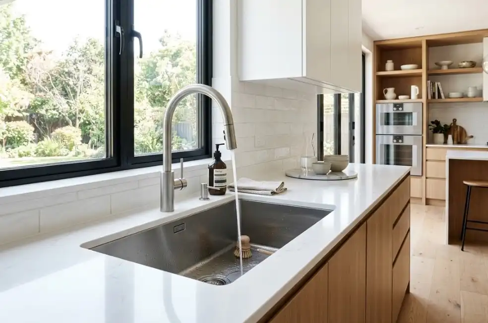 A beautiful modern kitchen featuring a high-quality brushed stainless steel undermount sink.