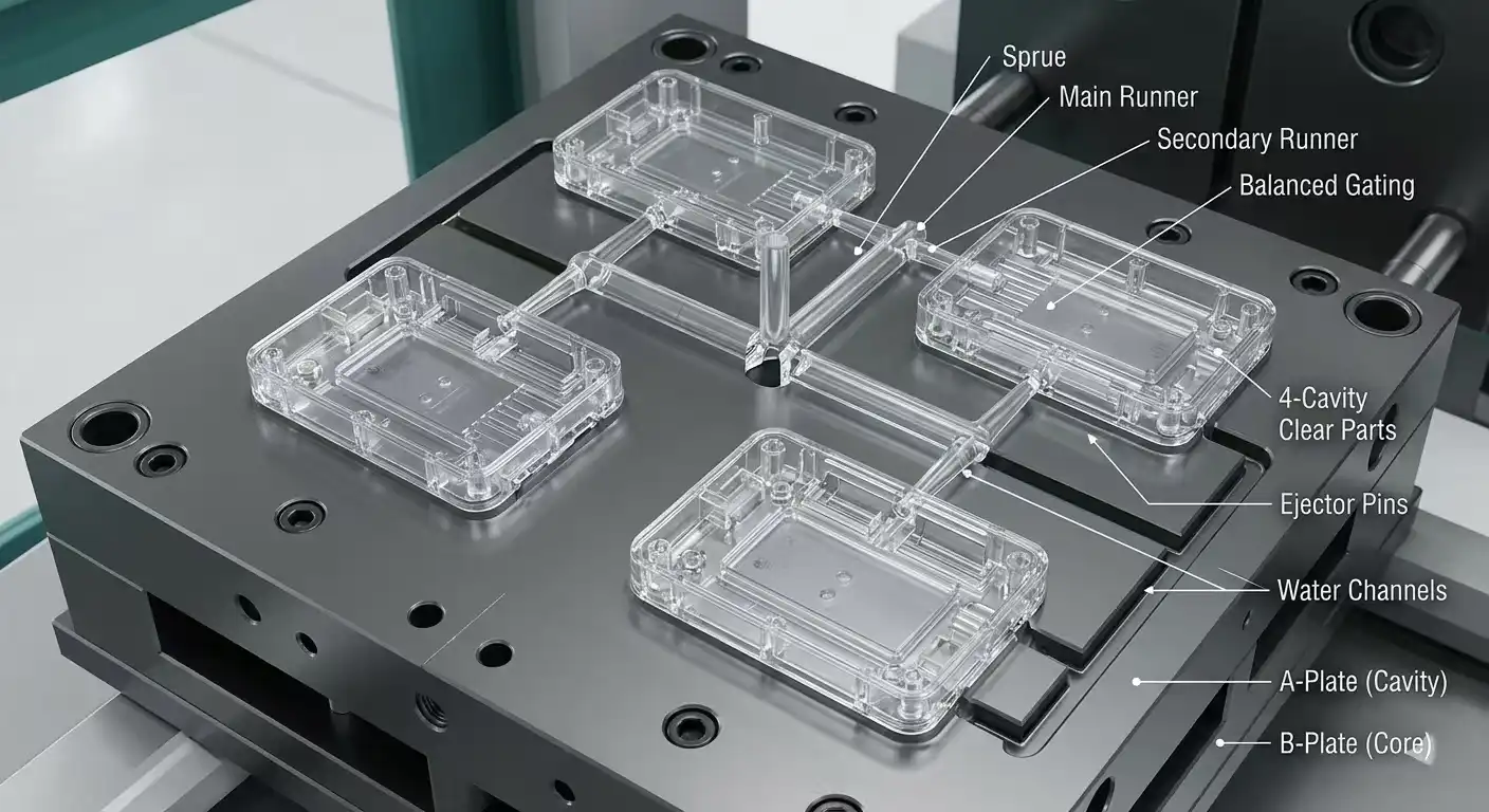 3D rendering of a 4-cavity injection mold layout showing multiple parts connected by a balanced runner system.