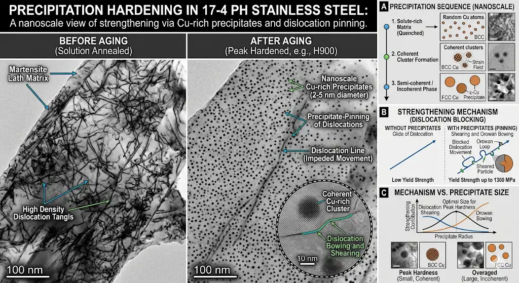 Microscopic visualization of nanoscale copper-rich precipitates forming within the 17-4 PH stainless steel matrix during the aging process, illustrating the strengthening mechanism.