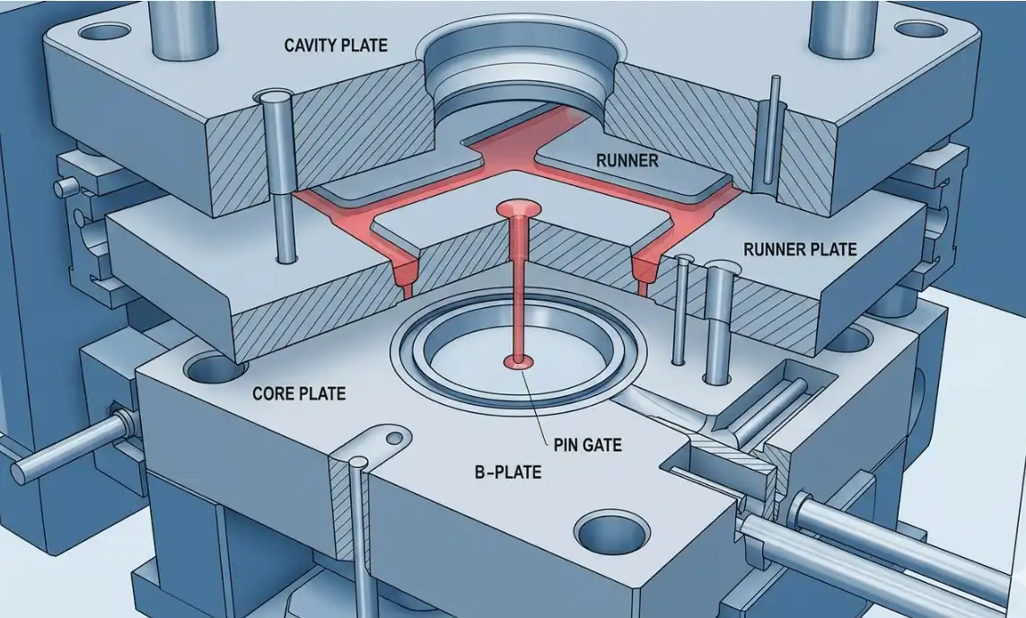 3D technical rendering of a pin gate in a three-plate injection mold system dropping into the center of a round cavity.