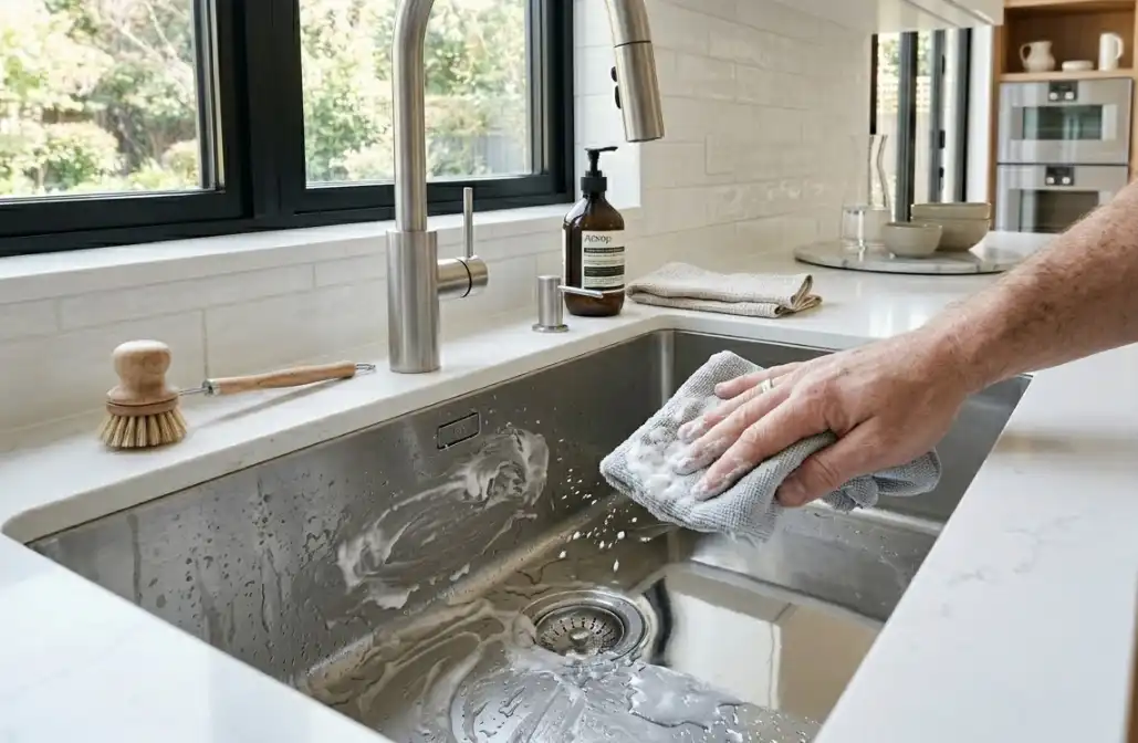 A person using a microfiber cloth and baking soda paste to gently polish a dull stainless steel sink, restoring its brilliant shine.