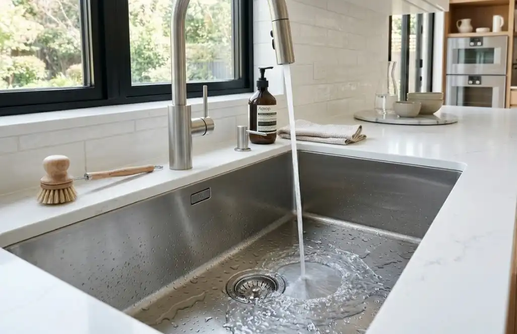 Stainless steel sink being rinsed with warm water showing visible grain lines on surface.