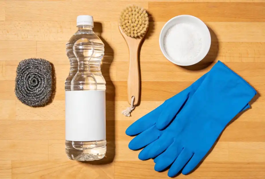 Figure 2: Essential supplies for removing rust, including white vinegar, salt, a scrub brush, steel wool, and protective gloves.